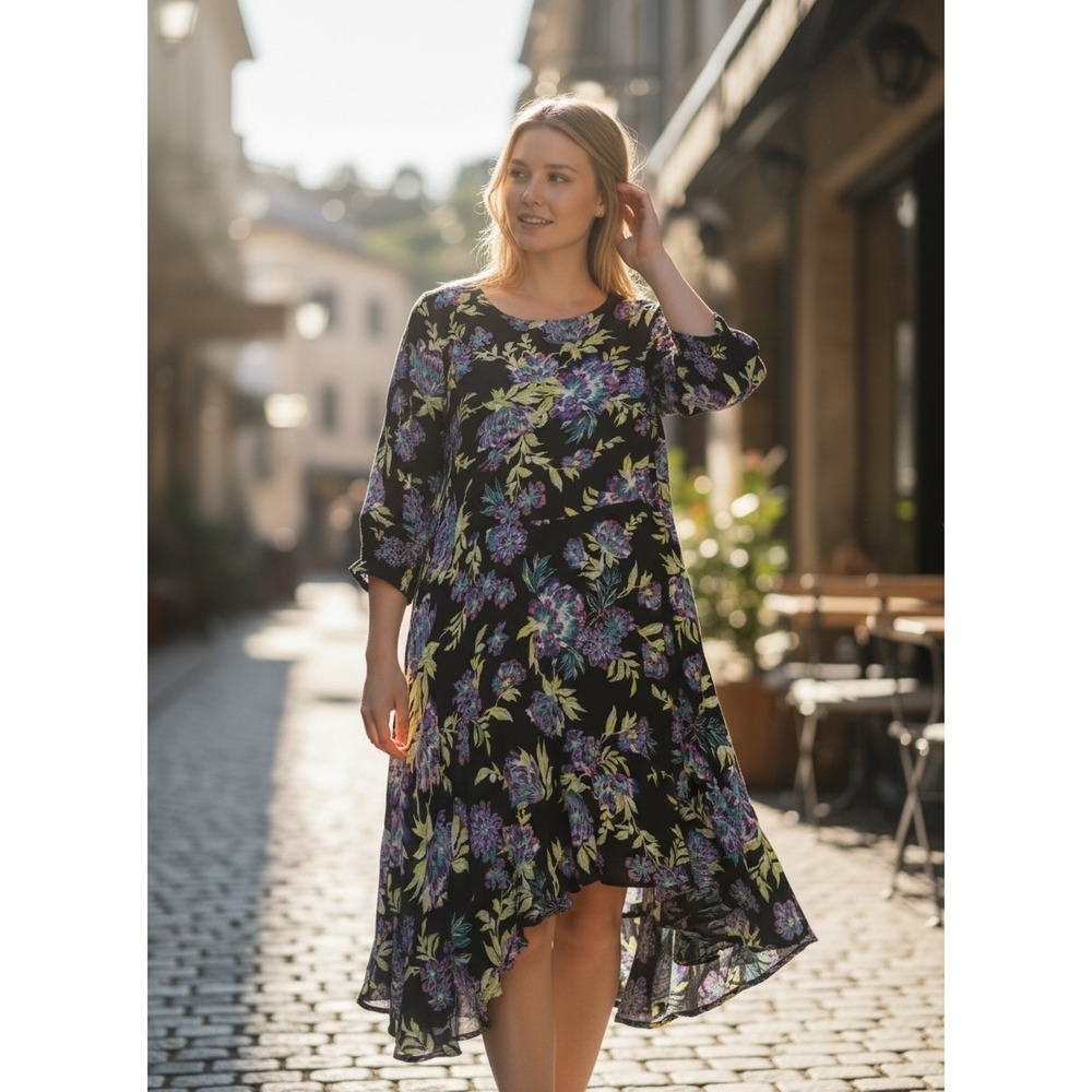 Creme Fraiche Floral High-Low Shift Dress Navy Purple Lime Green XL Boho 3/4 Slv